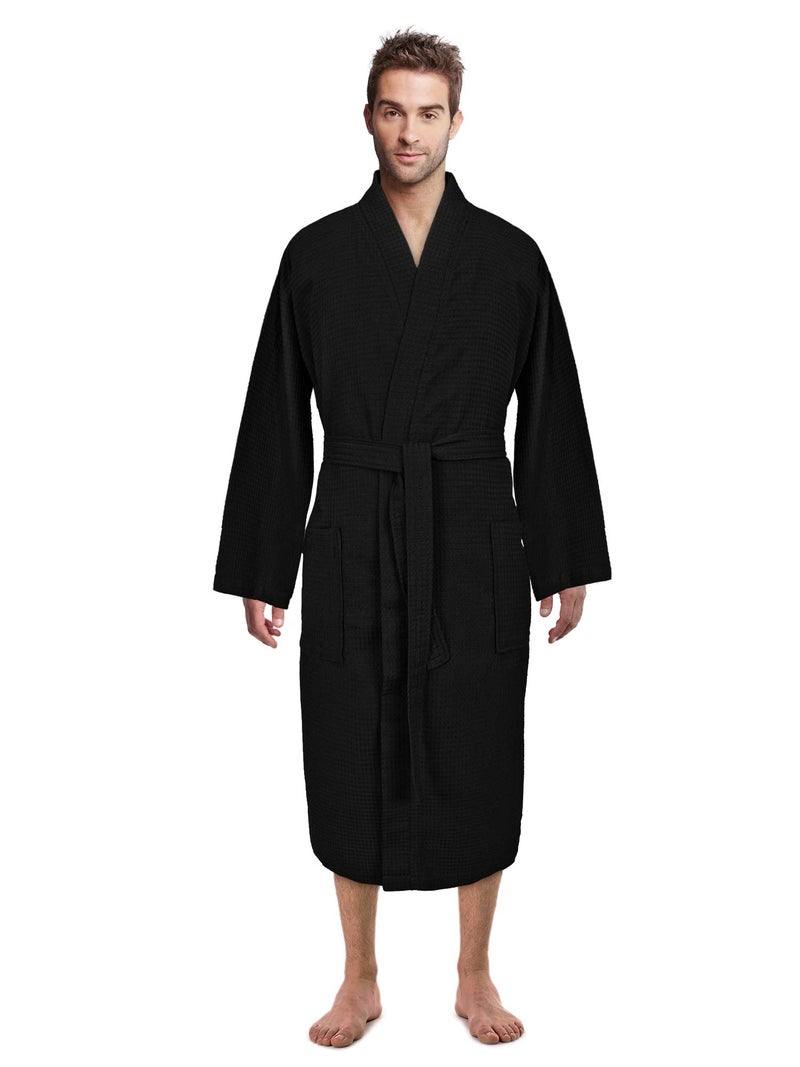 Turkish Linen Waffle Knit Lightweight Kimono Spa & Bath Robes for Men - Quick Dry - Soft (Large, Black)